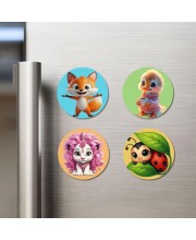 Fox, Duckling, Lion, and Ladybug. Fridge Magnets 4 Piece Set | 3 Inch Round Wall Fridge Decor (F22887)