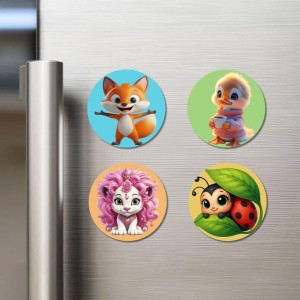 Fox, Duckling, Lion, and Ladybug. Fridge Magnets 4 Piece Set | 3 Inch Round Wall Fridge Decor (F22887) Fox, Duckling, Lion, and Ladybug. Fridge Magnets 4 Piece Set | 3 Inch Round Wall Fridge Decor (F22887)
