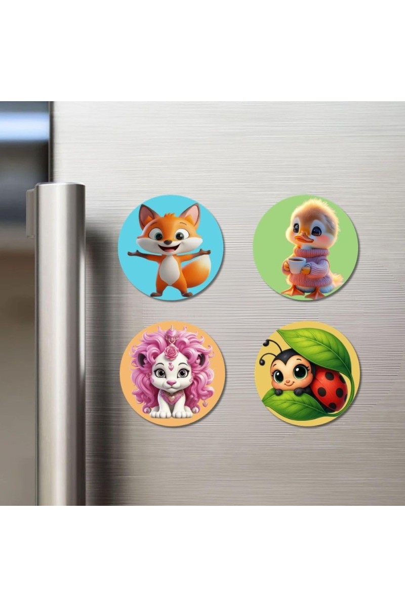 Fox, Duckling, Lion, and Ladybug. Fridge Magnets 4 Piece Set | 3 Inch Round Wall Fridge Decor (F22887)
