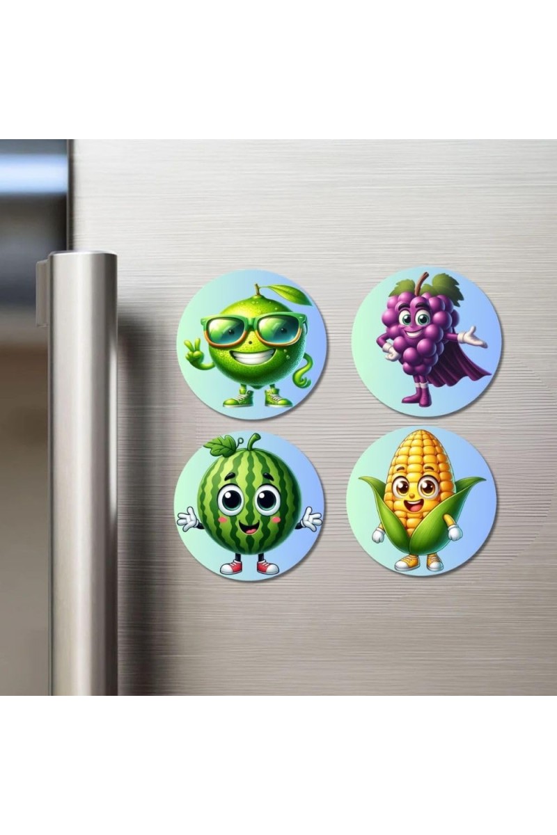Lime, Grapes, Watermelon, Corn Fridge Magnets 4 Piece Set | 3 Inch Round Wall Fridge Decor (F23274)