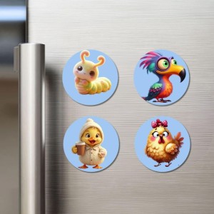 Caterpillar, Bird, Chick, and Chicken. Fridge Magnets 4 Piece Set | 3 Inch Round Wall Fridge Decor (F23110)