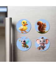 Duck, Squirrel, Bee, and Elephant. Fridge Magnets 4 Piece Set | 3 Inch Round Wall Fridge Decor (F23058)