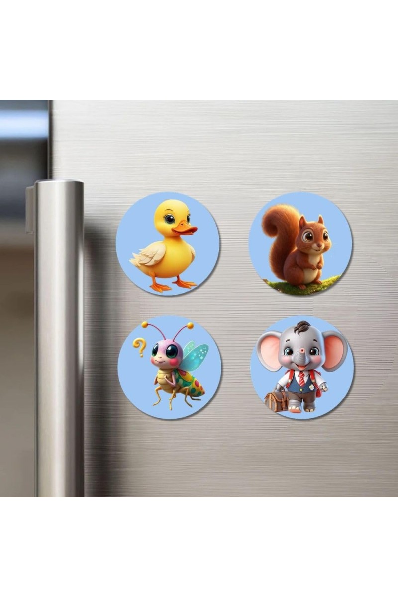 Duck, Squirrel, Bee, and Elephant. Fridge Magnets 4 Piece Set | 3 Inch Round Wall Fridge Decor (F23058)