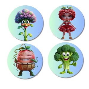 Cauliflower, Strawberry, Tomato, Broccoli Fridge Magnets 4 Piece Set | 3 Inch Round Wall Fridge Decor (F23328)
