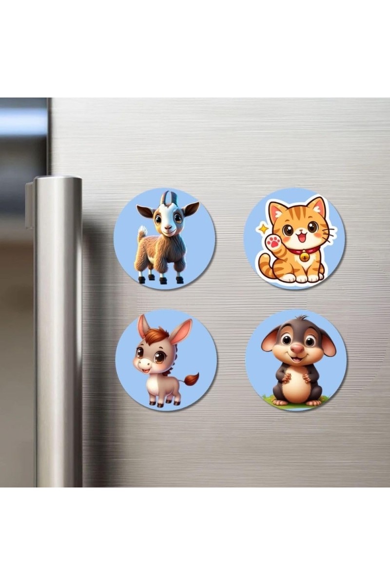 Goat, Cat, Donkey, and Mouse. Fridge Magnets 4 Piece Set | 3 Inch Round Wall Fridge Decor (F23063)