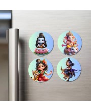 Shiva, Ganesha, Durga, and Yama. Fridge Magnets 4 Piece Set | 3 Inch Round Wall Fridge Decor (F22793)