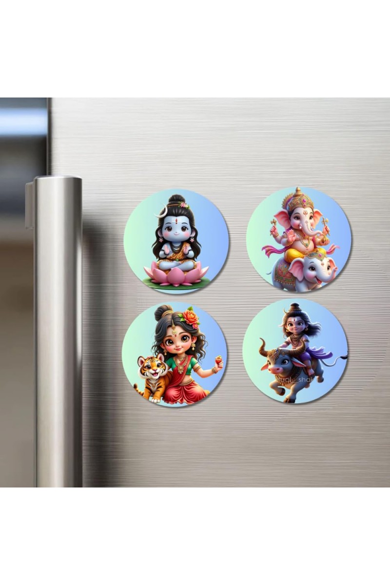 Shiva, Ganesha, Durga, and Yama. Fridge Magnets 4 Piece Set | 3 Inch Round Wall Fridge Decor (F22793)