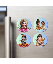 Lakshmi, Rama, Sita, Krishna, and Hanuman. Fridge Magnets 4 Piece Set | 3 Inch Round Wall Fridge Decor (F23193)