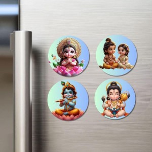 Lakshmi, Rama, Sita, Krishna, and Hanuman. Fridge Magnets 4 Piece Set | 3 Inch Round Wall Fridge Decor (F23193)