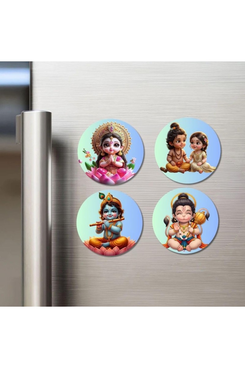Lakshmi, Rama, Sita, Krishna, and Hanuman. Fridge Magnets 4 Piece Set | 3 Inch Round Wall Fridge Decor (F23193)