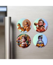 Rama, Hanuman, Kartikeya, and Krishna. Fridge Magnets 4 Piece Set | 3 Inch Round Wall Fridge Decor (F22822)