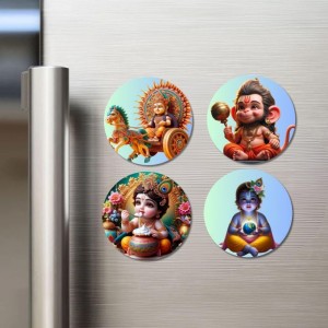 Rama, Hanuman, Kartikeya, and Krishna. Fridge Magnets 4 Piece Set | 3 Inch Round Wall Fridge Decor (F22822)
