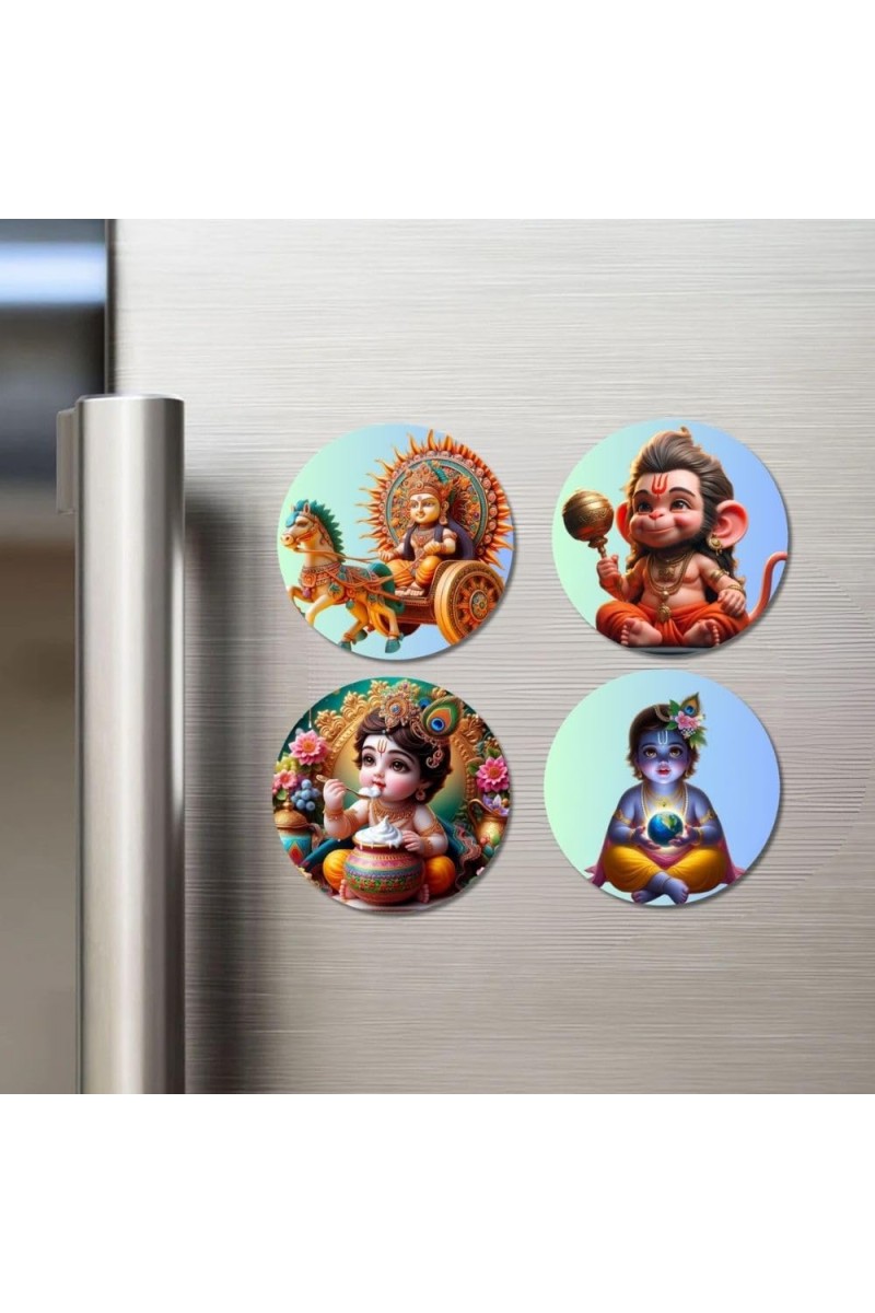 Rama, Hanuman, Kartikeya, and Krishna. Fridge Magnets 4 Piece Set | 3 Inch Round Wall Fridge Decor (F22822)