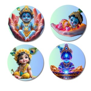 Krishna Fridge Magnets 4 Piece Set | 3 Inch Round Wall Fridge Decor (F22766)