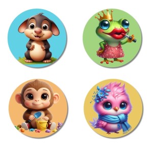 Mouse, Frog, Monkey, and Owl. Fridge Magnets 4 Piece Set | 3 Inch Round Wall Fridge Decor (F22919)