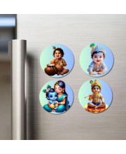 Krishna and Yashoda. Fridge Magnets 4 Piece Set | 3 Inch Round Wall Fridge Decor (F23204)