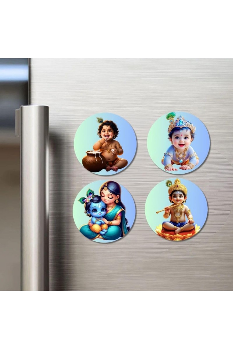 Krishna and Yashoda. Fridge Magnets 4 Piece Set | 3 Inch Round Wall Fridge Decor (F23204)