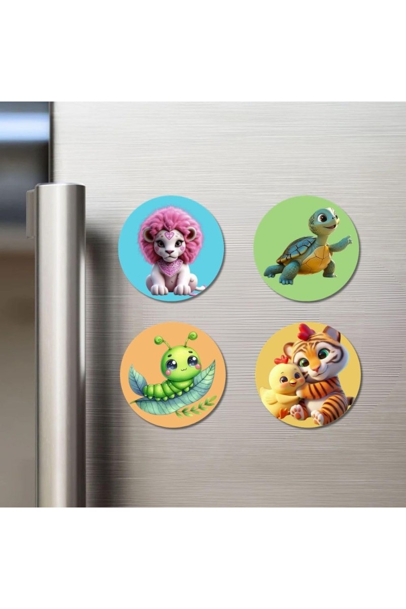 Tiger, Turtle, Giraffe, and Cow Fridge Magnets 4 Piece Set | 3 Inch Round Wall Fridge Decor (F22895)