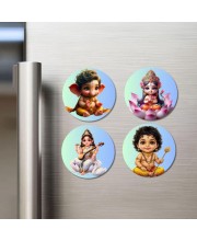 Ganesha, Lakshmi, Saraswati, Krishna Fridge Magnets 4 Piece Set | 3 Inch Round Wall Fridge Decor (F23223)