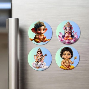 Ganesha, Lakshmi, Saraswati, Krishna Fridge Magnets 4 Piece Set | 3 Inch Round Wall Fridge Decor (F23223)