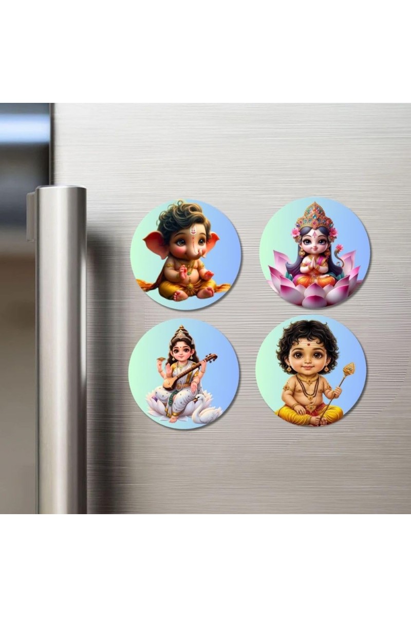 Ganesha, Lakshmi, Saraswati, Krishna Fridge Magnets 4 Piece Set | 3 Inch Round Wall Fridge Decor (F23223)