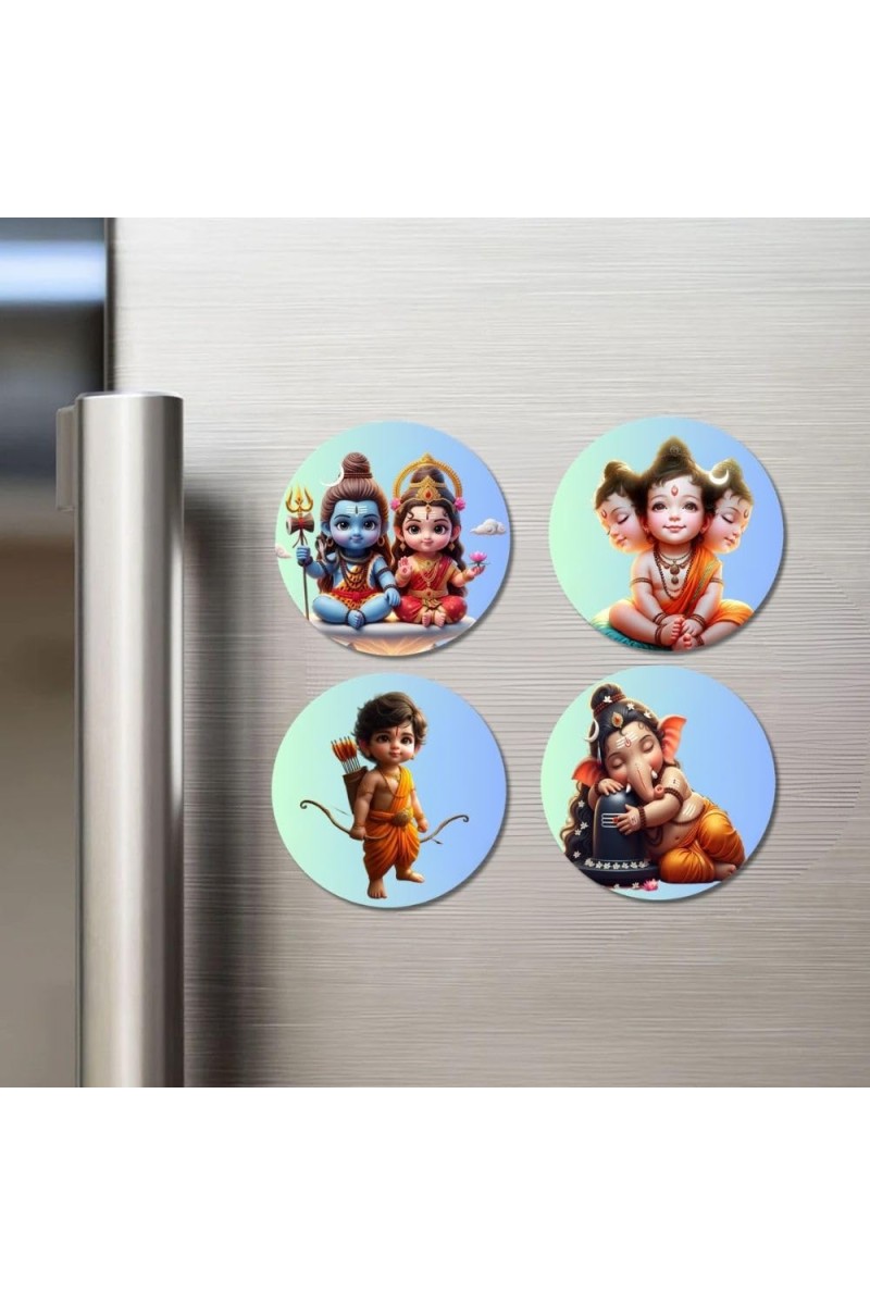 Krishna, Shiva, Ganesha, Datta Fridge Magnets 4 Piece Set | 3 Inch Round Wall Fridge Decor (F23184)