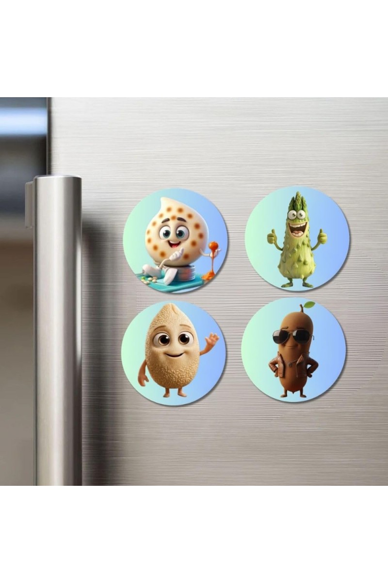 Pomegranate, Bitter Gourd, Cashew, Sapota Fridge Magnets 4 Piece Set | 3 Inch Round Wall Fridge Decor (F23319)