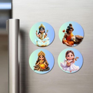 Lakshmi, Krishna, Durga, Saraswati Fridge Magnets 4 Piece Set | 3 Inch Round Wall Fridge Decor (F23260)