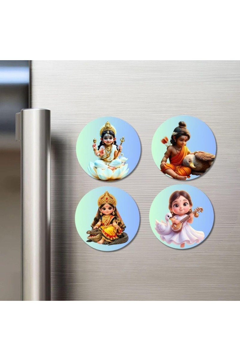 Lakshmi, Krishna, Durga, Saraswati Fridge Magnets 4 Piece Set | 3 Inch Round Wall Fridge Decor (F23260)