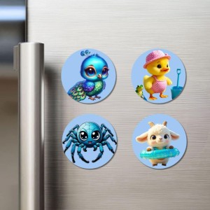 Peacock, Duck, Spider, and Lamb. Fridge Magnets 4 Piece Set | 3 Inch Round Wall Fridge Decor (F23090)
