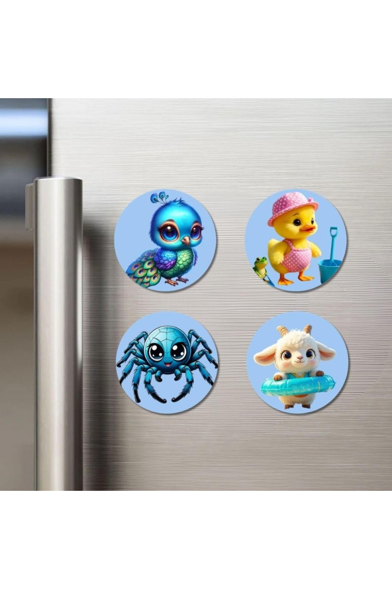Peacock, Duck, Spider, and Lamb. Fridge Magnets 4 Piece Set | 3 Inch Round Wall Fridge Decor (F23090)