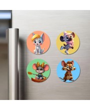 Chinchilla, Hyena, Mouse, and Rat. Fridge Magnets 4 Piece Set | 3 Inch Round Wall Fridge Decor (F23034)