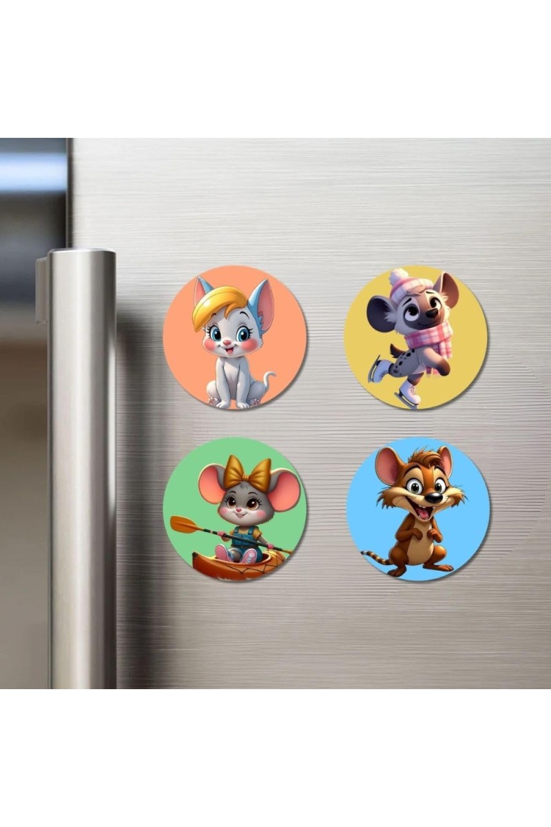 Chinchilla, Hyena, Mouse, and Rat. Fridge Magnets 4 Piece Set | 3 Inch Round Wall Fridge Decor (F23034)