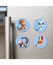 Hoopoe, Cat, Anteater, and Goldfinch. Fridge Magnets 4 Piece Set | 3 Inch Round Wall Fridge Decor (F23094)
