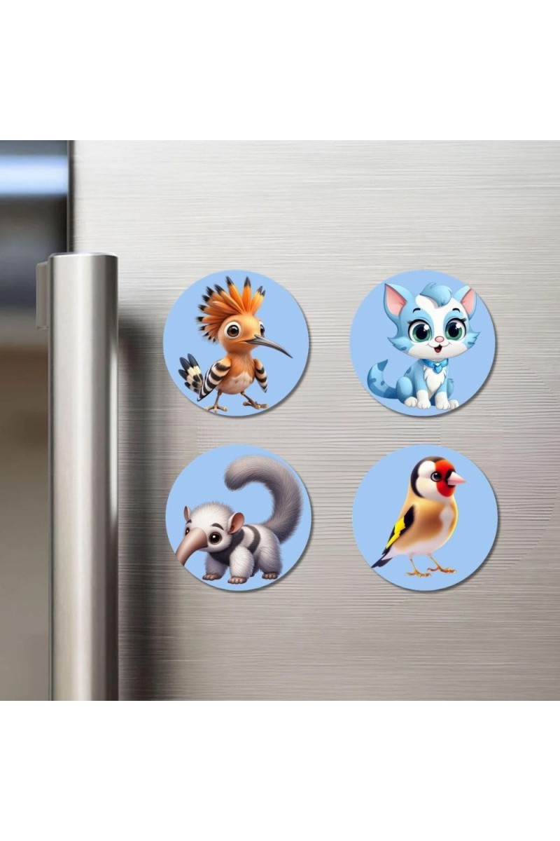 Hoopoe, Cat, Anteater, and Goldfinch. Fridge Magnets 4 Piece Set | 3 Inch Round Wall Fridge Decor (F23094)