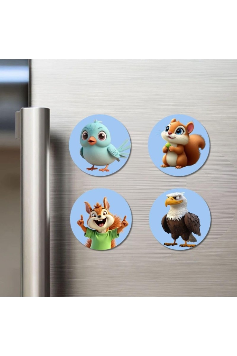 Bird, Squirrel, Chipmunk, and Eagle. Fridge Magnets 4 Piece Set | 3 Inch Round Wall Fridge Decor (F23061)