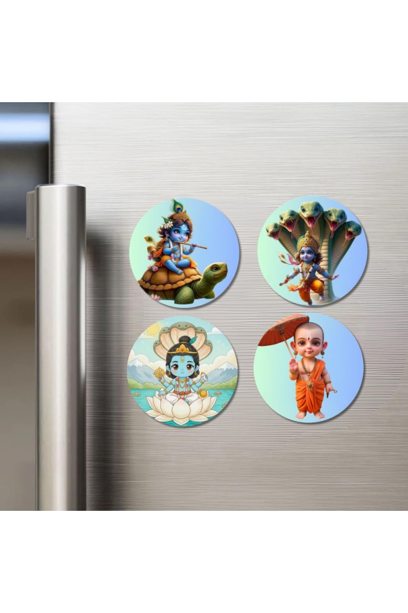 Vishnu, Krishna, and Vamana. Fridge Magnets 4 Piece Set | 3 Inch Round Wall Fridge Decor (F22784)