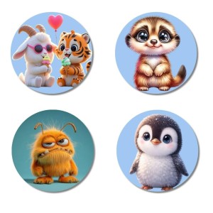 Goat and Tiger, Meerkat, Monster, and Penguin. Fridge Magnets 4 Piece Set | 3 Inch Round Wall Fridge Decor (F23140)
