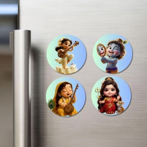 Lakshmi, Rama, Parvati, Krishna Fridge Magnets 4 Piece Set | 3 Inch Round Wall Fridge Decor (F23264)