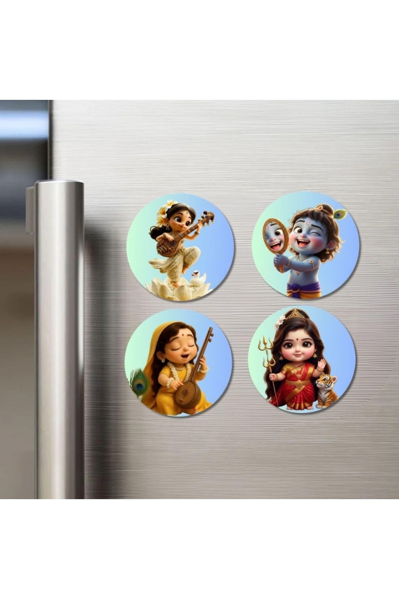 Lakshmi, Rama, Parvati, Krishna Fridge Magnets 4 Piece Set | 3 Inch Round Wall Fridge Decor (F23264)