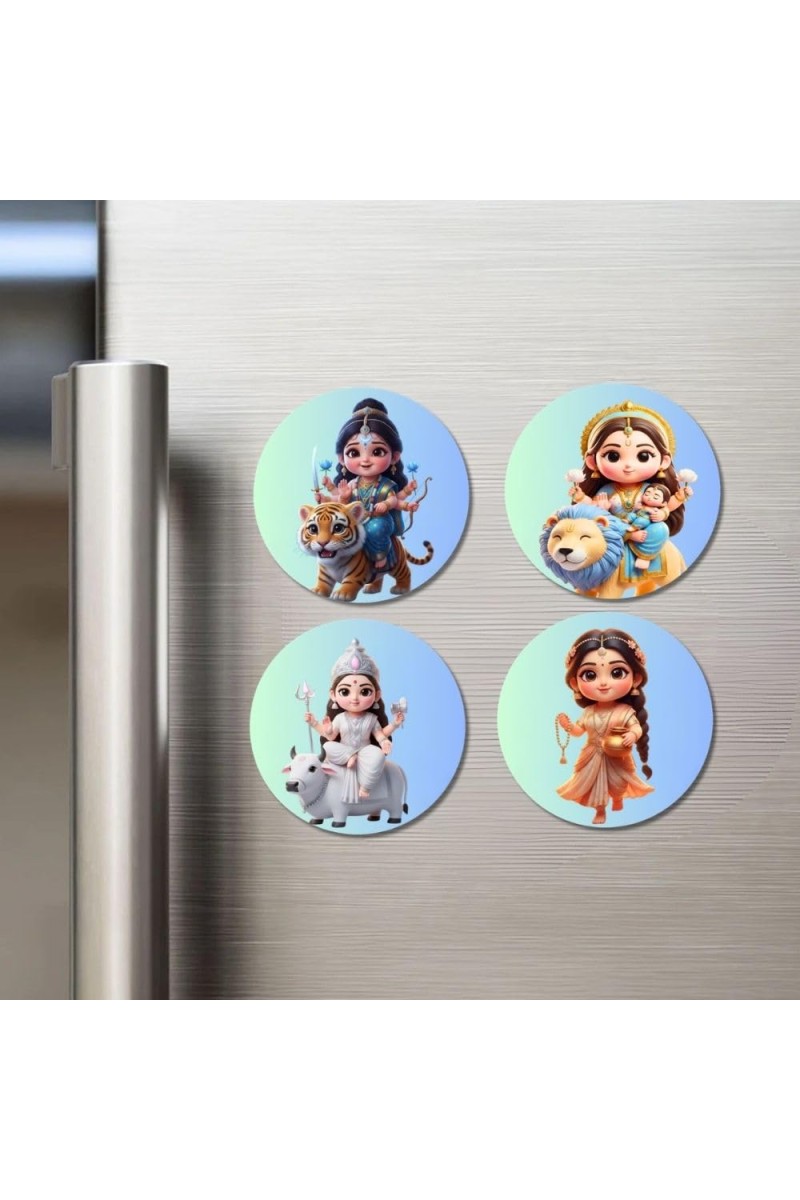 Maa Durga, Maa Lakshmi, Maa Saraswati, Maa Parvati Fridge Magnets 4 Piece Set | 3 Inch Round Wall Fridge Decor (F23187)