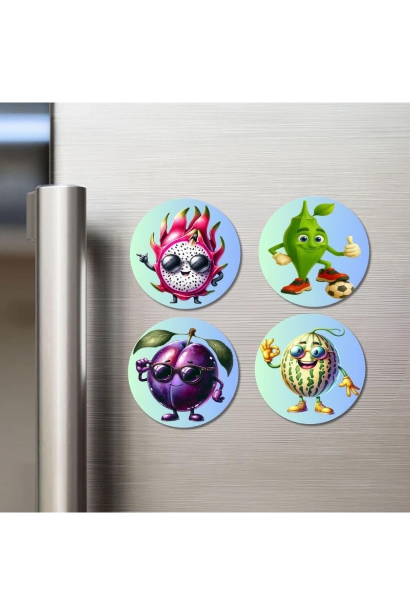 Dragon Fruit, Mango, Plum, Melon Fridge Magnets 4 Piece Set | 3 Inch Round Wall Fridge Decor (F23273)