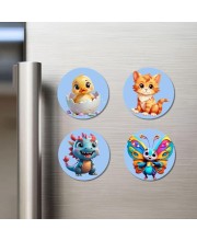 Chick, Cat, Dragon, and Butterfly. Fridge Magnets 4 Piece Set | 3 Inch Round Wall Fridge Decor (F23089)