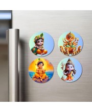 Krishna, Durga, Rama, and Shiva. Fridge Magnets 4 Piece Set | 3 Inch Round Wall Fridge Decor (F22815)
