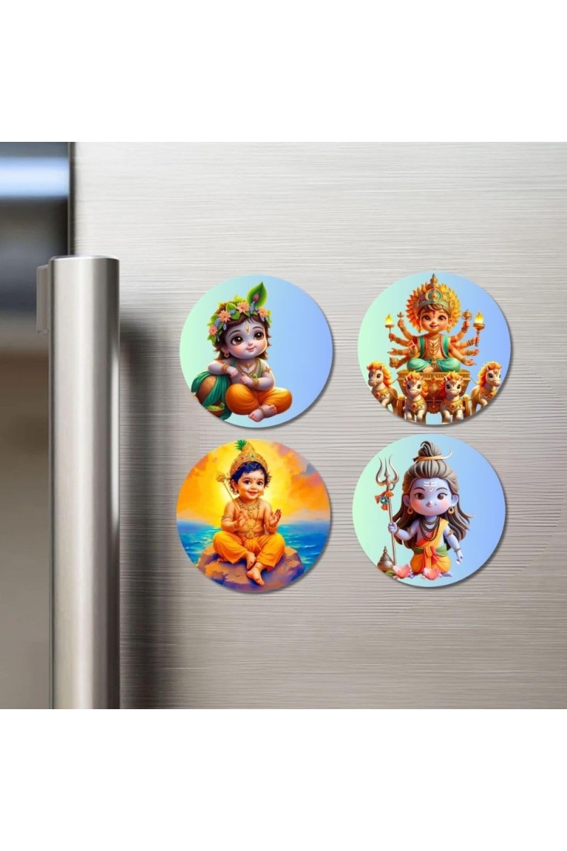 Krishna, Durga, Rama, and Shiva. Fridge Magnets 4 Piece Set | 3 Inch Round Wall Fridge Decor (F22815)