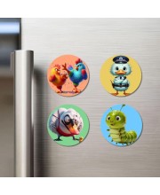 Rooster, Duck, Swan, and Caterpillar. Fridge Magnets 4 Piece Set | 3 Inch Round Wall Fridge Decor (F22994)