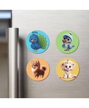 Peacock, Sparrow, Dog, and Lion. Fridge Magnets 4 Piece Set | 3 Inch Round Wall Fridge Decor (F22893)