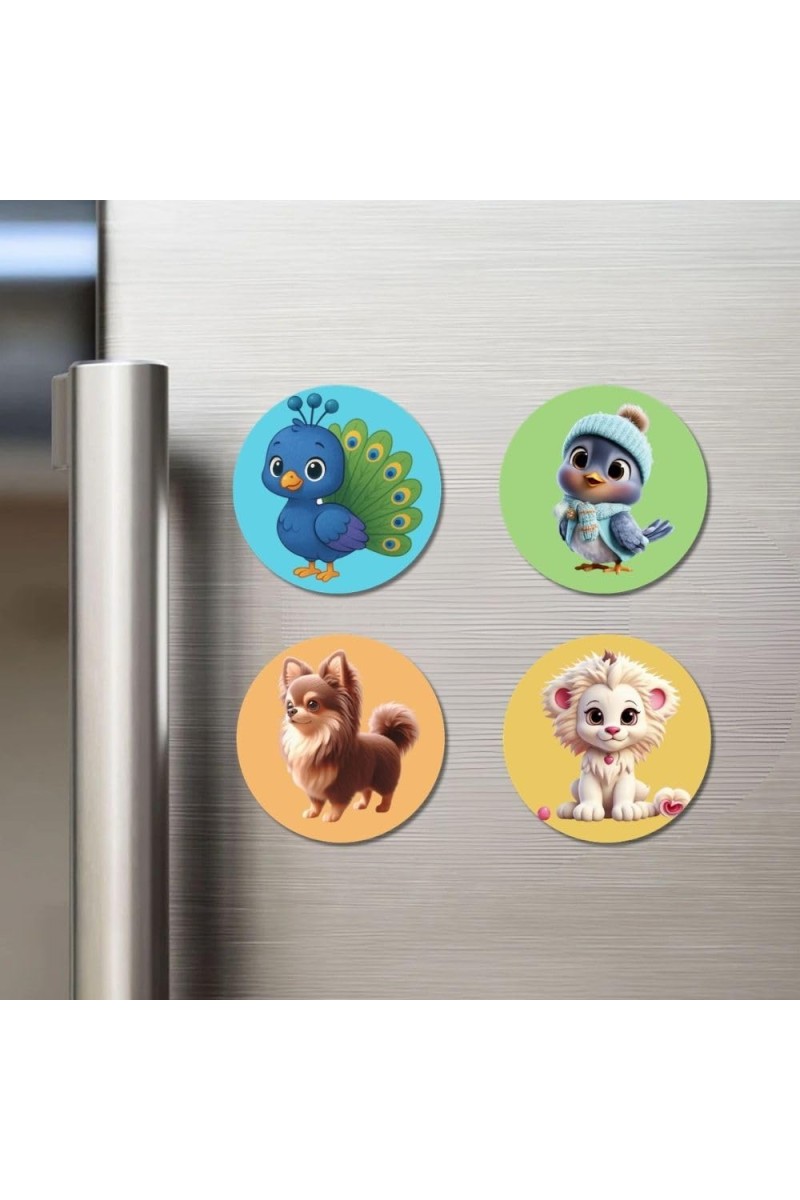 Peacock, Sparrow, Dog, and Lion. Fridge Magnets 4 Piece Set | 3 Inch Round Wall Fridge Decor (F22893)