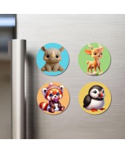 Rhino, Deer, Red Panda, and Puffin. Fridge Magnets 4 Piece Set | 3 Inch Round Wall Fridge Decor (F22873)