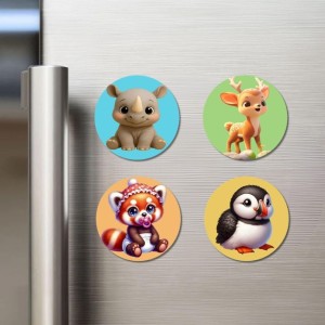 Rhino, Deer, Red Panda, and Puffin. Fridge Magnets 4 Piece Set | 3 Inch Round Wall Fridge Decor (F22873)